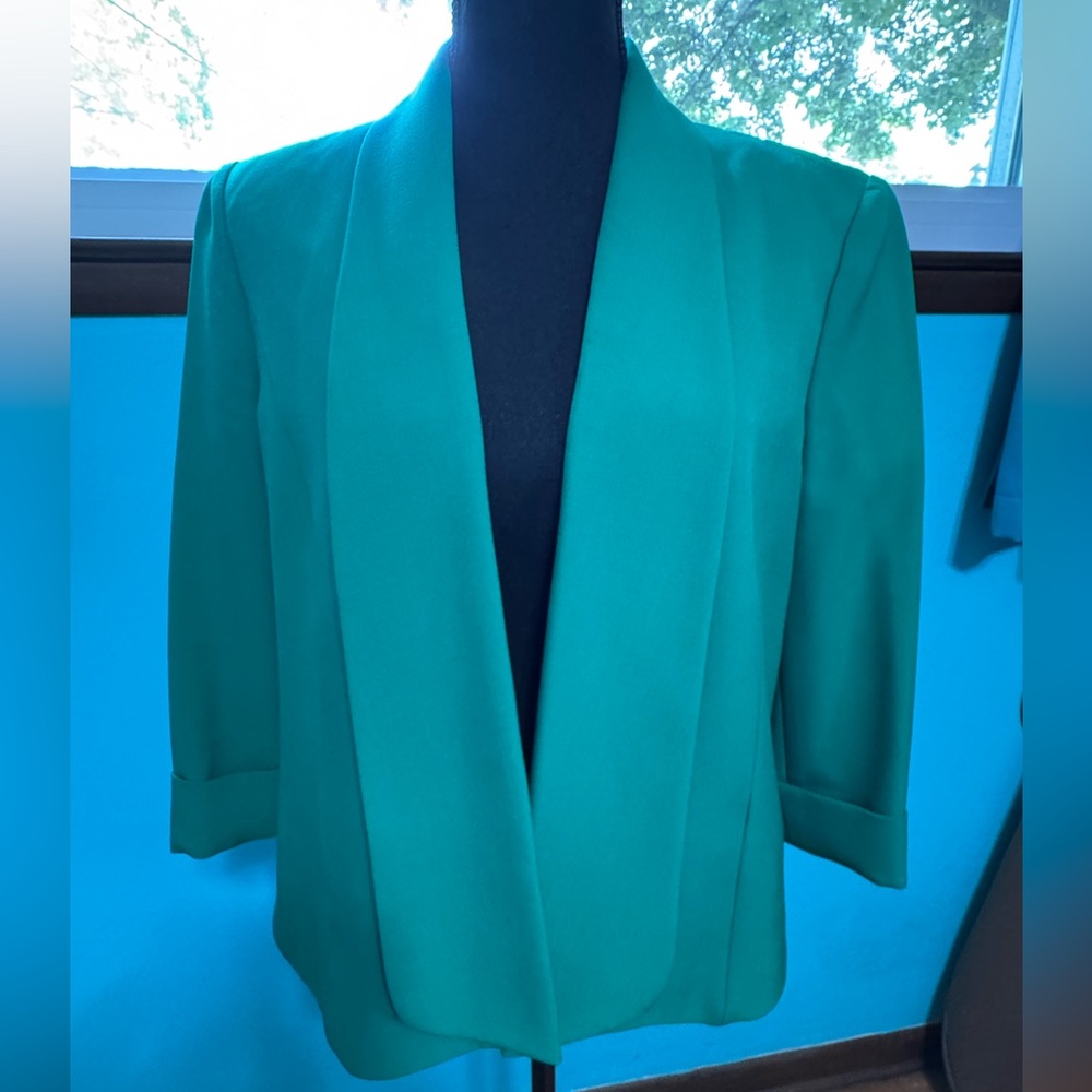 Kasper Kelly Green Open Front 3/4 Cuffed Sleeve Blazer